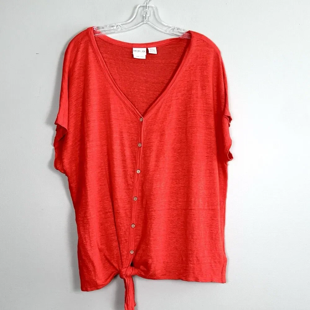 Rachel Zoe Linen Top Womens 2X Orange Red Blouse Tie Front Button Up Colorful - Picture 1 of 10